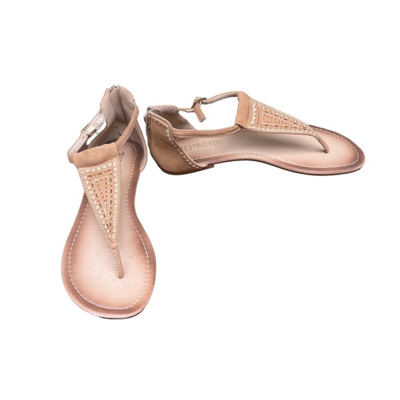 Restricted Women’s 9 Dayland T Strap Tan Flat Sandals, Boho Embroidered Sandals - Picture 3 of 10